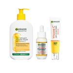 Garnier SkinActive - Coffret Routine Eclat Vitamine C – Gel Nettoyant Booster d’éclat + Sérum Anti-Taches Brunes + Fluide Anti-UV Quotidien Glow SPF50+ - Enrichis en Vitamine C - Tous Types de Peaux