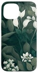 Coque pour iPhone 15 Feuillage botanique vert foncé avec fleurs blanches