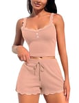 RSLOVE Ensemble de Pyjama en Dentelle pour Femme Vêtements de Nuit Sexy Hauts et Shorts 2 Pièces Rose L