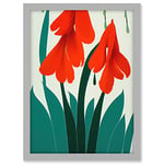 Wee Blue Coo Modern Abstract Crimson Red Bloom Wild Flowers Teal Leaves on White Artwork Framed A3 Wall Art Print