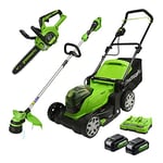 Greenworks 2X24V 41cm lawn mower, trimmer,24V chainsaw combo kit include 2X4Ah battery and dual slot charger