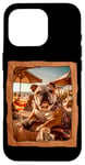 Coque pour iPhone 16 Pro Bulldog à la table de plage avec boisson