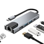 5 i 1 USB C-dockningsstation, typ C till HDMI-adapter, RJ45 Ethernet, 4K HDMI, 100W PD, 2 USB 3.0 kompatibel med MacBook Pro / Air och typ C-enheter