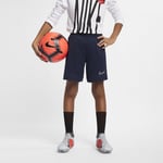 Don't let sweat slow you down with the Nike Dri-FIT Academy Shorts. Soft fabric Technology pulls from your skin, while mesh side stripes add breathability to help keep performing at a high pace all way through stoppage time. This product is made 100%-recycled polyester fabric. Older Kids' Football Shorts - Blue