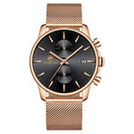 Affute Montre pour homme, tendance, sport, à quartz, analogique, maille noire, acier inoxydable, étanche, chronographe, affichage automatique de la date, Classique