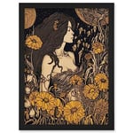 Artery8 Woman in Flower Field Midsummer Night Illustration Artwork Framed Wall Art Print A4