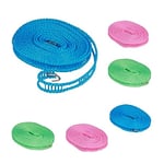 Relaxdays Corde à Linge, Lot de 6, 5 m, antidérapante, Fil Flexible avec Crochets, pour Camping, Bleu - Rose - Vert