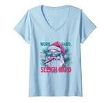 Womens Funny Santa Work Hard Sleigh Hard Sleigher Christmas Cigar V-Neck T-Shirt