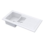 Nuie Inset 1010mm Kitchen Sink 1.5 Bowl & Drainer White Modern White Easy-Clean