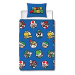 Nintendo Super Mario Official Single Duvet Cover Set, Continue Design | Blue Reversible 2 Sided Bedding Cover Official Merchandise Including Matching Pillow Case