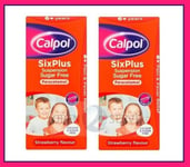 2x Calpol 6+ Cold Flu Fever Pain Relief Sugar Free Strawberry Suspension - 80ml