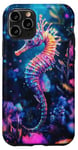 Coque pour iPhone 11 Pro Hippocampe éclatant au milieu de la flore sous-marine colorée