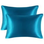 PiccoCasa Satin Pillow Cases 2 Pack, Satin Silk Pillowcase for Hair and Skin with Zipper Closure Soft Pillow Cases Cover Set Peacock Blue 35 x 50cm