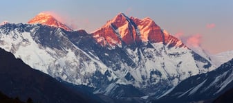 Panoramic view of Nepalese Himalayas in Solukhumbu District Sagarmatha National Park at sunset Nuptse peaks Everest Lhotse