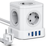 Cube Multiprise Prise 9-en-1, 4000 W, avec 5 Prises, 3 USB-A et 1-USB-C, Protection Surtension, Powercube avec rallonge de 2 mètres, Blanc