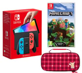 Nintendo Switch OLED (Neon Red & Blue), Minecraft & PowerA Protection Case (Pikachu Plaid) Bundle, Red,Blue