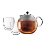 Théière à piston - BODUM - ASSAM SET - 1.5 l avec filtre plastique + 2 verres PAVINA double paroi 0.25 l