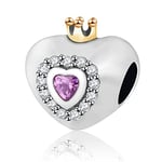 Princess Heart Charms with Crown, Fit Pandora Valentines Bracelet, 925 Sterling Silver I Love You Regal Heart CZ Wedding Anniversary Beads, Gift for Daughter/Wife/Best Mum