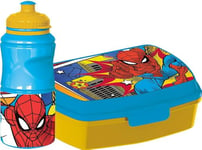 Bouteille Marvel Set 380 ml et boîte à sandwich bleues pour enfants en plastique Spiderman avec bande antidérapante et fermeture de sécurité