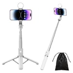 H.May Selfie Stick Tripod, 4 in 1 Stable Tripod Stand with Fill Light, 50" Extendable and Portable Selfie Stick with Detachable Wireless Remote Compatible with iPhone Galaxy GoPro Smartphone, White