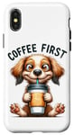 Coque pour iPhone X/XS Coffee First Tasse à café Motif chiot mignon