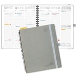 POPRUN Agenda 2025 Semainier 26,5 x 21,5 cm D'août 2024 à déc 2025, Planner Vertical Scolaire 17 Mois avec Couverture Souple Spirale, Règle et signet, Papier Certifié FSC®80 g/m² - Gris