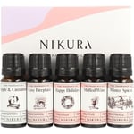 Nikura Christmas Cosy Night in Fine Fragrance Oil Gift Set - 5 x 10ml | Great for Diffusers for Home, Soap & Candle Making, Wax Melts, Burner | Bath Bombs, Perfume Scents | UK Made Essential Oils