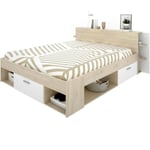 SAX Lit adulte - 140x190 cm - 3 tiroirs + Tete de lit avec rangement - Décor chene et blanc