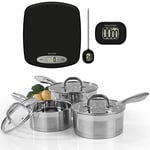 Salter Combo- 8678A Casseroles en acier inoxydable avec ensemble de mesure, balance de cuisine, thermomètre instantané à sonde, minuterie facile à lire, plaques à induction, compatible avec plaques à