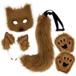 Plush mask med räv svans och öron set, katt svans räv kostym cosplay kostym med katt öron och tass handskar halloween cosplay brown