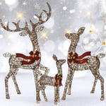 Light Up Rattan Reindeer Family 3-Piece Set - Outdoor Christmas LED Yard Decor