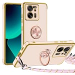 Coque avec Cordon pour Xiaomi 13T/Xiaomi 13T Pro, Étui avec 360 Rotatif Anneau Support TPU Souple Silicone Housse Amovible Collier Téléphone Portable Lanyard Case - Rose