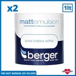 2 x Berger Pure Brilliant White Matt Paint Tin Interior Use Walls Ceilings 1lt