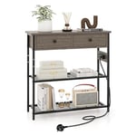 COSTWAY Table Console 2 Tiroir, Console Entrée 2 Prises, 1 USB, 1 Type-C, 3 Étagères en Treillis Métallique, Console Meuble Industrielle Métal pour Salon, Couloir, Chambre (Gris chêne)