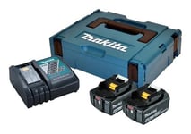 Makita Batteripakke Bestående Af 2X18v - 4,0Ah Li-Ion Batterier, Lynlader Og Makpac Systemkuffert.