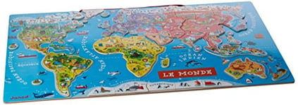 Janod - Puzzle Carte du Monde Magnétique en Bois - 92 Pièces Aimantées - 70 x 43 cm - Version Française - Jeu éducatif dès 7 ans, J05500 Argent Métallique