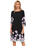 GRACE KARIN Robe Femme Chic Soiree Manches Longues 3/4 Fendues V-Back Sexy Elégante Robe Eté L Grande Taille Fleurs Violettes sur Noir