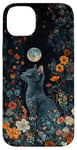 Coque pour iPhone 14 Plus Russe Bleu Chat Lune Fleurs Cottagecore