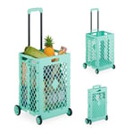 Relaxdays Chariot de Courses Pliable, Caisse sur roulettes, 25 kg, poignée télescopique, grillagé, Turquoise