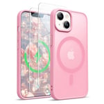 ORETECH Coque Magnétique pour iPhone 13/14, Translucide Mat Arrière Coque pour iPhone 14 avec 2 Verre Trempé Protection écran,Coque Antichoc pour iPhone 14/13 Compatible Mag-Safe 6.1" Rose Clair