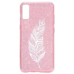 Coque Iphone XR paillettes rose plumes noir