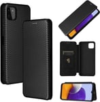 Compatible Avec Coque Samsung Galaxy A22 4g, Mince Flip Fibre De Carbone [Test De Chute] Antichoc Stand Fente Avec Carte, Protecteur D'écran En Verre Trempé*2-Noir