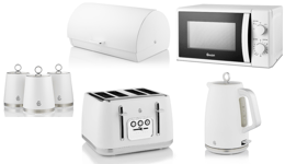 Swan Serenity White Kettle Toaster 700W Microwave Breadbin & Canisters Set