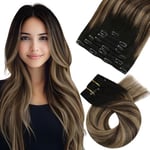 Moresoo Extension a Clip Cheveux Humain Lisse Balayage Extension Cheveux Naturel Clip Noir Naturel à Marron Foncé avec Blond Foncé Extension Cheveux Clips 50 cm #1B/4/14 120g 7 Pièces