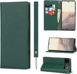 Coque Google Pixel 6 Pro,Cuir Veritable Flip Portefeuille Etui En Cuir,[3 Fentes][Fermeture Magnetique][Rfid Blocker],Clapet Housse Etui Rabat Pour Google Pixel 6 Pro - Vert Fonce