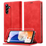 Lanhiem Coque Samsung A14 4G/5G avec Verre Trempé, Etui en Cuir PU Premium, RFID Protection Portefeuille Housse pour Samsung Galaxy A14 5G/4G Étui, Rouge