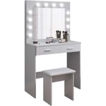 Coiffeuse avec Miroir et Tabouret led, Hollywood Style Table de Maquillage avec 2 Grands tiroirs, 80x40x140cm, Gris - Joolihome Living