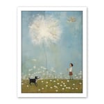 Artery8 Chasing the Giant Dandelion Dream Artwork Giant Wish Oil Painting Kids Bedroom Child and Pet Dog in Daisy Field Artwork Framed Wall Art Print 18X24 Inch