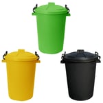 3 x 50L Bin Clip Lock Lid Lime Green+Yellow+Black For Home/Garden Waste Storage