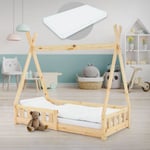 Lit Enfant Tipi 70x140 cm Naturel avec Matelas à Mousse Froide Polyester, Housse Amovible, Sommier à Lattes, Anti-Chute, Lit Style Indien en Bois de